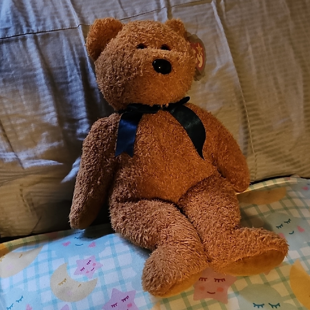Curly ty 15inch : Brown Teddy Bear with Blue Ribbon